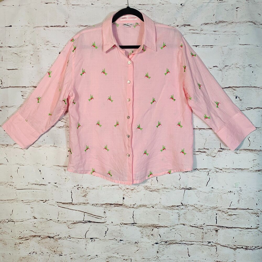 Casey Coleman Pink 100% Linen Embroidered Shirt Large Cottagecore Blouse